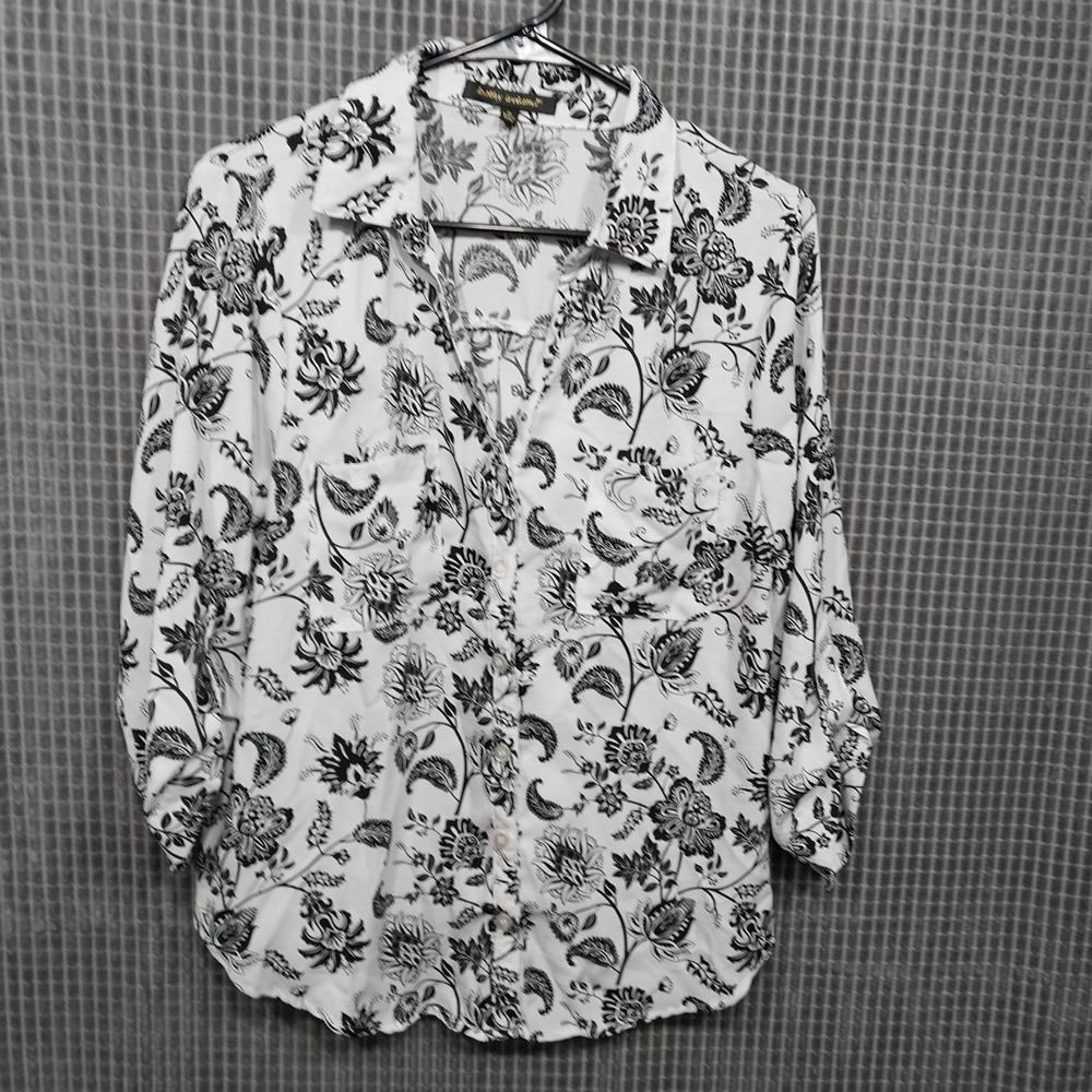 Kathy Ireland Womens Button Down Roll Tab Sleeve Floral Paisley Top Size M White